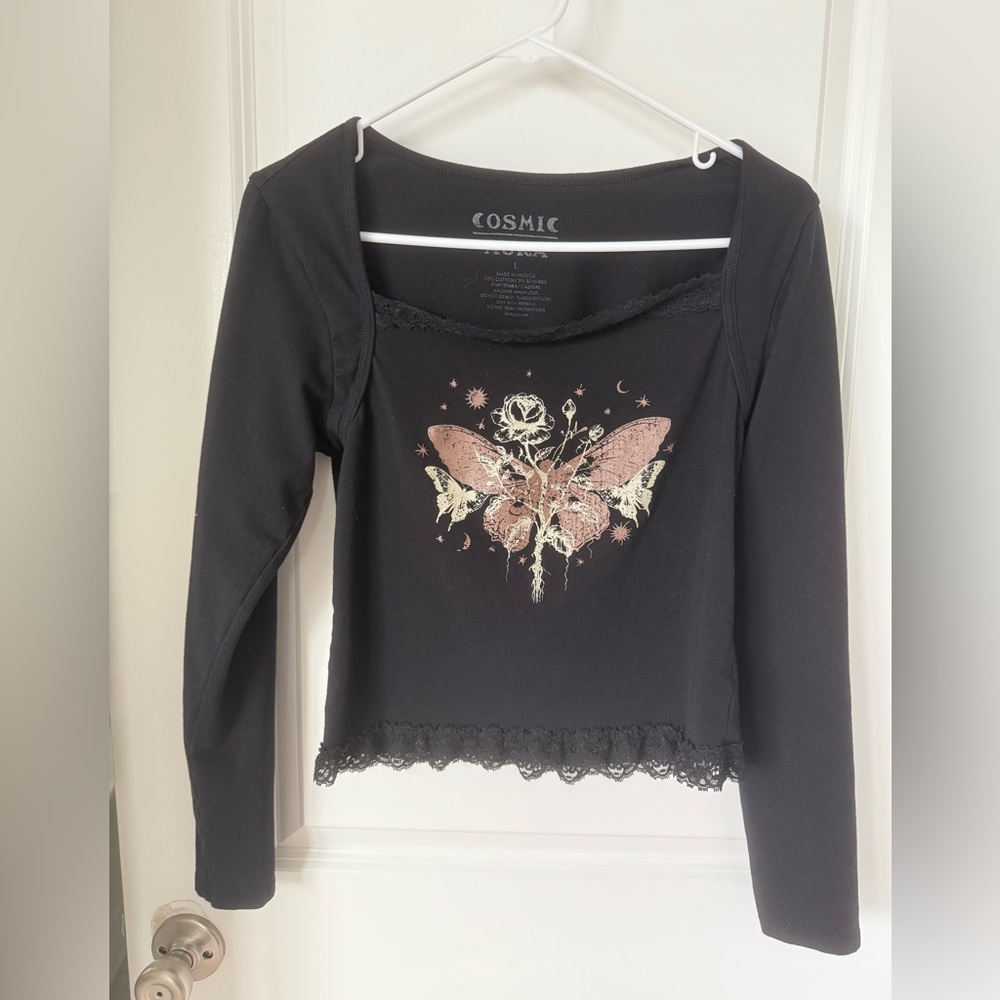 Hot Topic Black Long Sleeve Top with Butterfly Design and lace trim